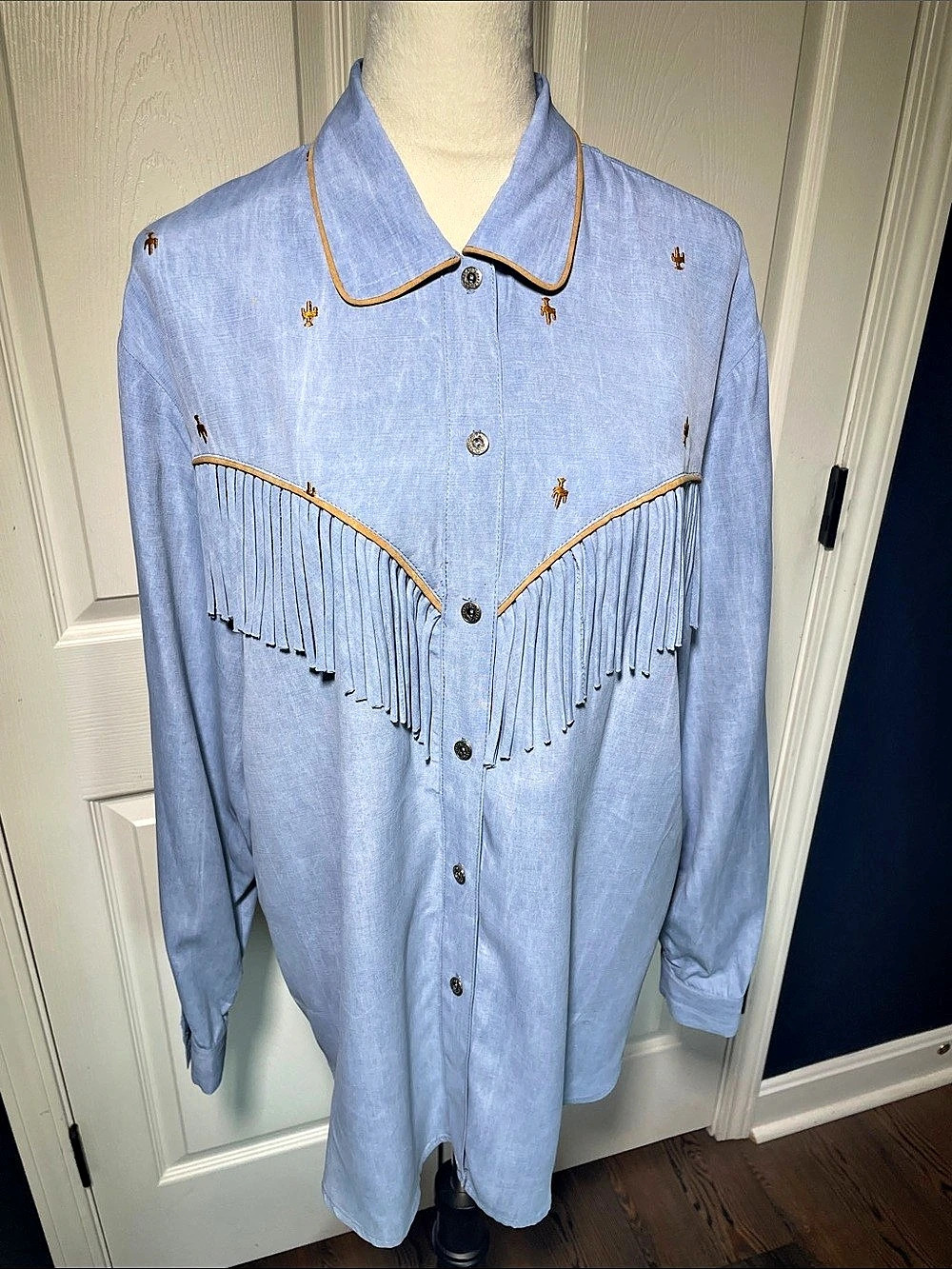NWT Vintage 80s Western Fringe Shirt Blue Suede Texture Cowgirl Rockabilly Blous